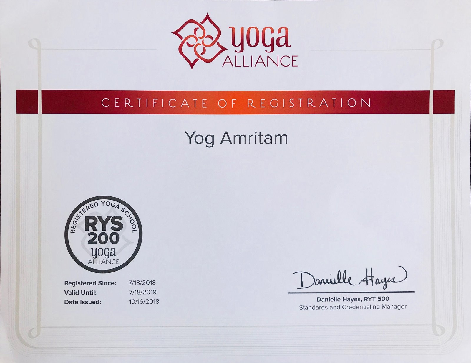 200 hour Yoga Alliance Certificate